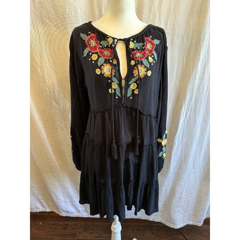 Free People Spell On You Dress Size XS Black Embroidered Long Sleeve Floral
